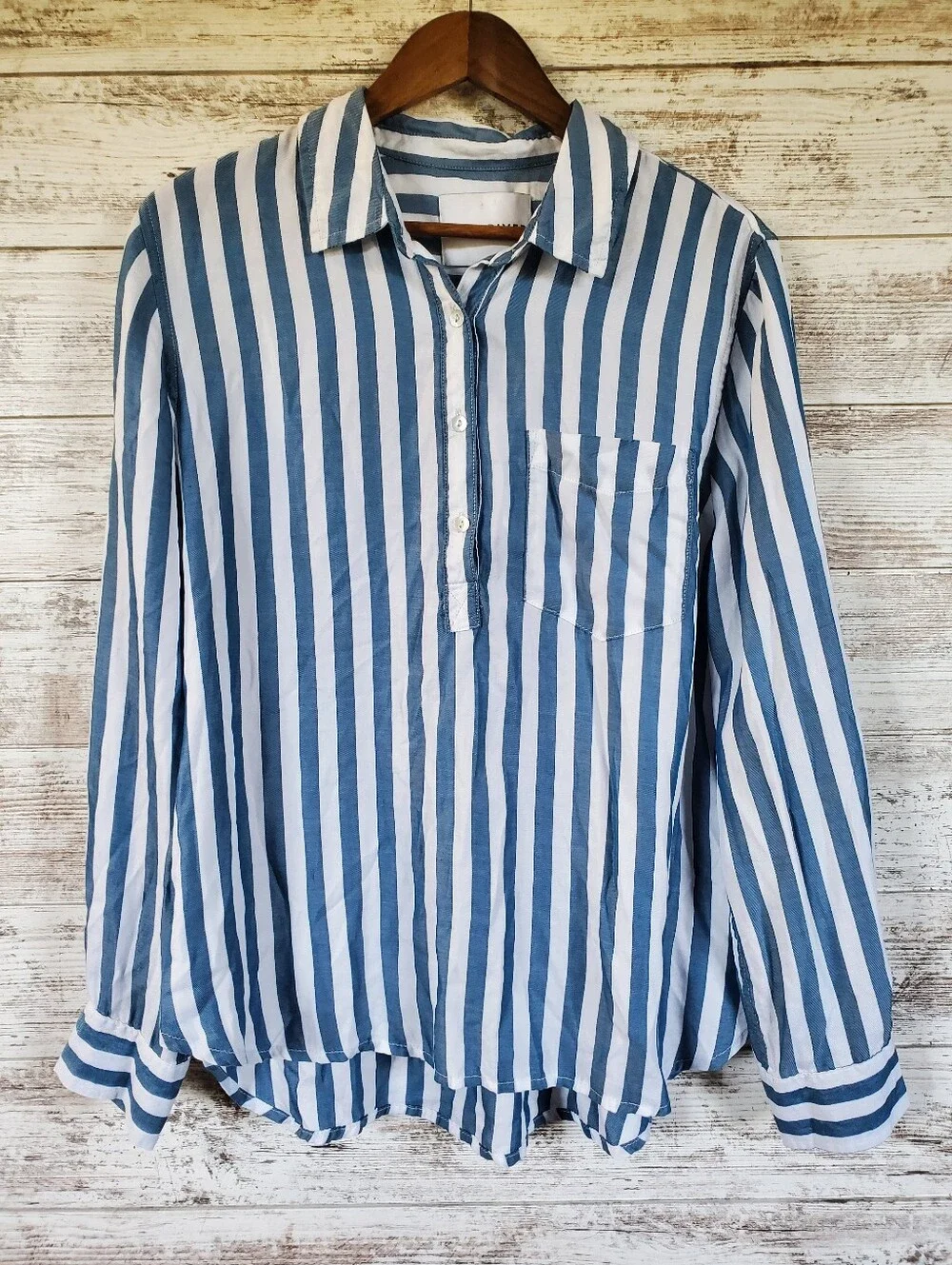 Lola River Popover Shirt Vertical Striped Blue White Button Up Blouse Tencel L - Picture 2 of 13